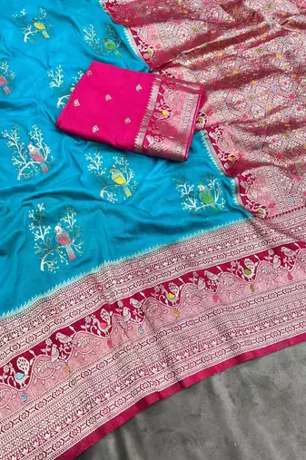 Sky Blue Color Jari Jaqurad Weaving With Hand Chap Daying Georgette Saree
