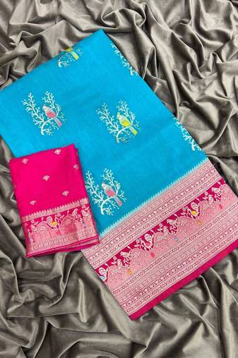 Sky Blue Color Jari Jaqurad Weaving With Hand Chap Daying Georgette Saree