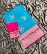 Sky Blue Color Jari Jaqurad Weaving With Hand Chap Daying Georgette Saree