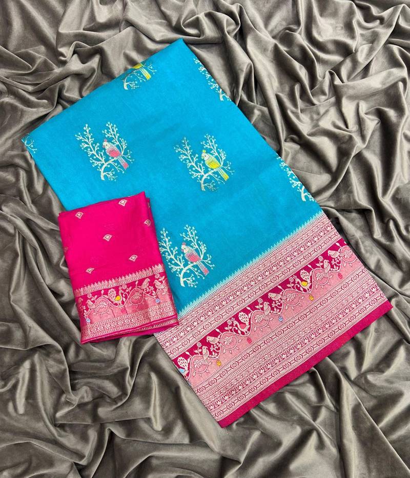 Sky Blue Color Jari Jaqurad Weaving With Hand Chap Daying Georgette Saree