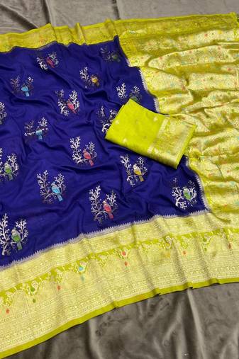 Violet Color Jari Jaqurad Weaving With Hand Chap Daying Georgette Saree