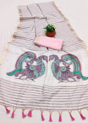 Pink Color Meenakari  & Zari  weawing Work  Linen  Cotton saree 2