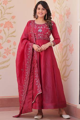 Dazzling Maroon Bead Embroidery Crushed Reception Wear Gown With Dupatta