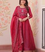 Dazzling Maroon Bead Embroidery Crushed Reception Wear Gown With Dupatta