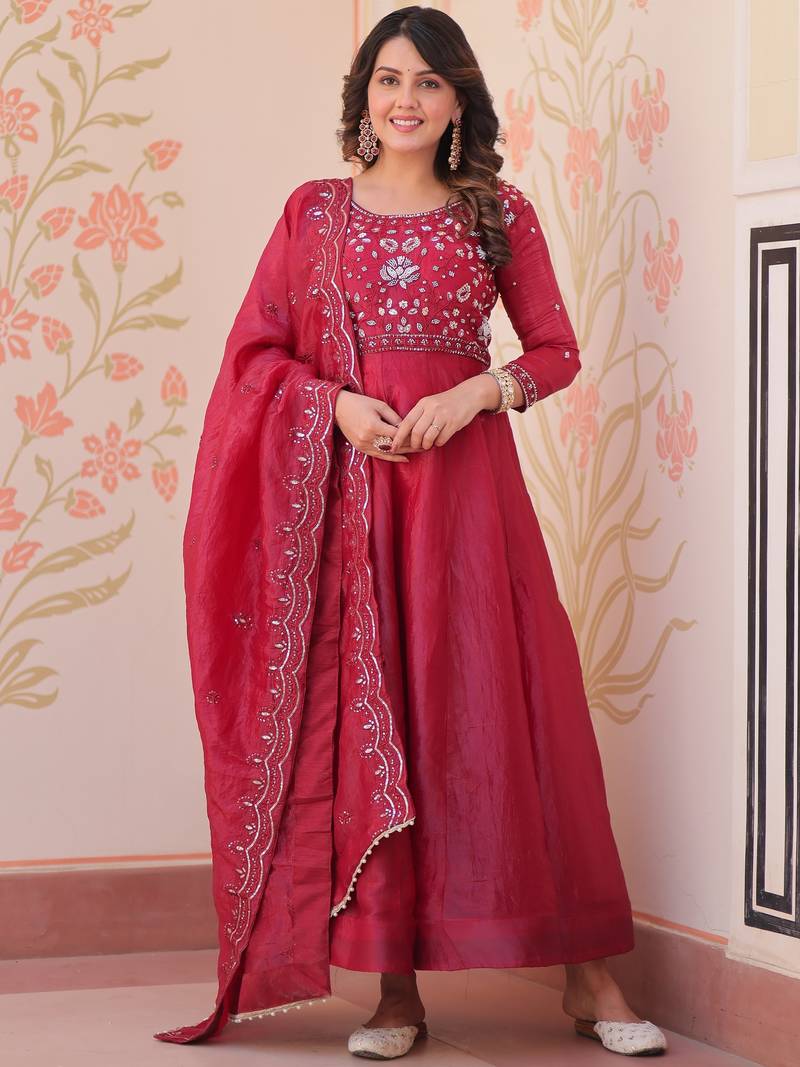 Dazzling Maroon Bead Embroidery Crushed Reception Wear Gown With Dupatta