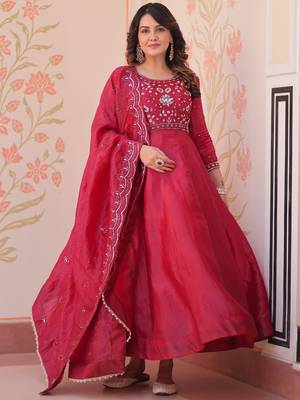 Dazzling Maroon Bead Embroidery Crushed Reception Wear Gown With Dupatta 3