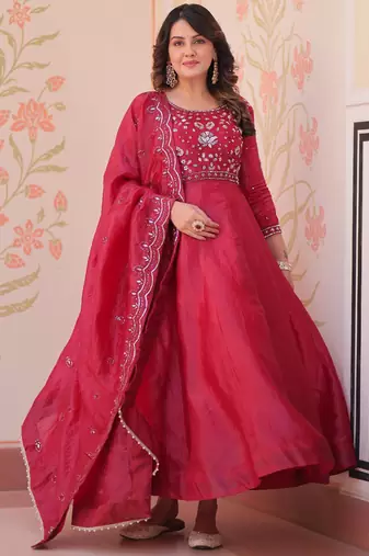 Dazzling Maroon Bead Embroidery Crushed Reception Wear Gown With Dupatta