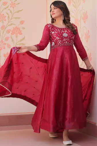 Dazzling Maroon Bead Embroidery Crushed Reception Wear Gown With Dupatta