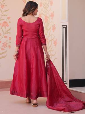 Dazzling Maroon Bead Embroidery Crushed Reception Wear Gown With Dupatta 5
