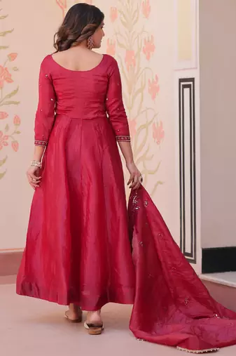 Dazzling Maroon Bead Embroidery Crushed Reception Wear Gown With Dupatta