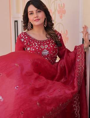 Dazzling Maroon Bead Embroidery Crushed Reception Wear Gown With Dupatta 6