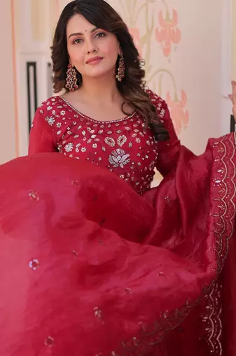 Dazzling Maroon Bead Embroidery Crushed Reception Wear Gown With Dupatta