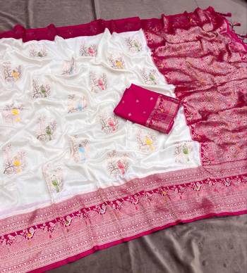 White Color Jari Jaqurad Weaving With Hand Chap Daying Georgette Saree 2