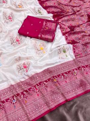 White Color Jari Jaqurad Weaving With Hand Chap Daying Georgette Saree 3