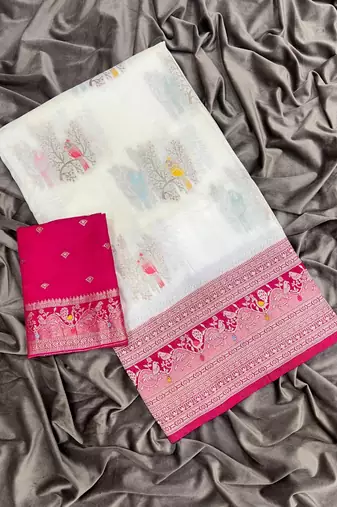 White Color Jari Jaqurad Weaving With Hand Chap Daying Georgette Saree