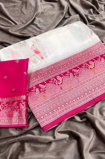 White Color Jari Jaqurad Weaving With Hand Chap Daying Georgette Saree