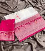 White Color Jari Jaqurad Weaving With Hand Chap Daying Georgette Saree