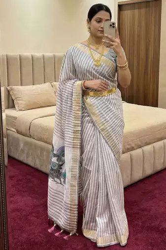 Grey Color Meenakari  & Zari  weawing Work  Linen  Cotton saree