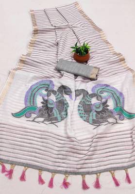 Grey Color Meenakari  & Zari  weawing Work  Linen  Cotton saree 2