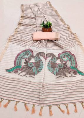 Peach Color Meenakari  & Zari  weawing Work  Linen  Cotton saree 1