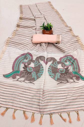 Peach Color Meenakari  & Zari  weawing Work  Linen  Cotton saree