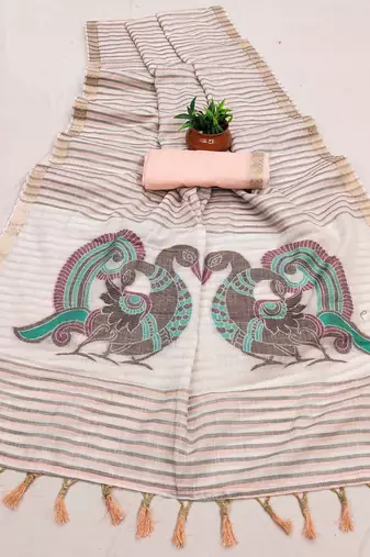 Peach Color Meenakari  & Zari  weawing Work  Linen  Cotton saree