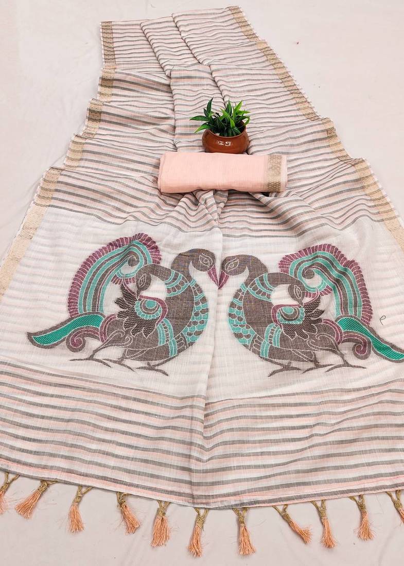 Peach Color Meenakari  & Zari  weawing Work  Linen  Cotton saree