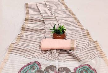 Peach Color Meenakari  & Zari  weawing Work  Linen  Cotton saree 2