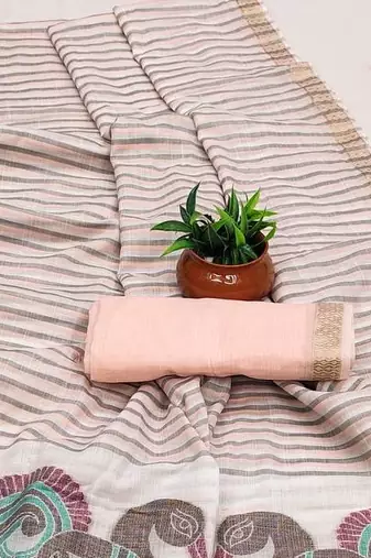 Peach Color Meenakari  & Zari  weawing Work  Linen  Cotton saree