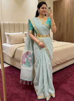 Sky Blue Color Meenakari  & Zari  weawing Work  Linen  Cotton saree 1
