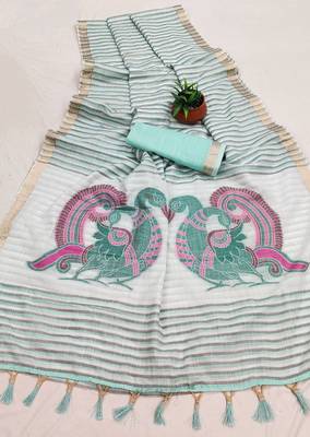 Sky Blue Color Meenakari  & Zari  weawing Work  Linen  Cotton saree 2