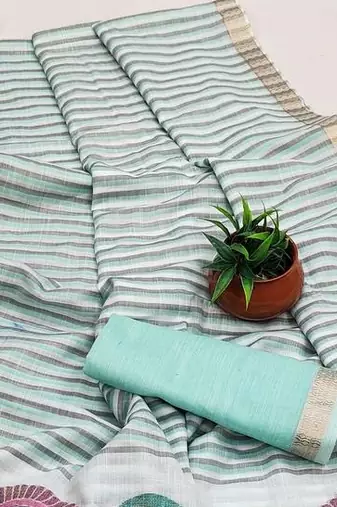 Sky Blue Color Meenakari  & Zari  weawing Work  Linen  Cotton saree