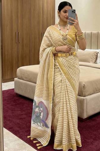 Cream Color Meenakari  & Zari  weawing Work  Linen  Cotton saree