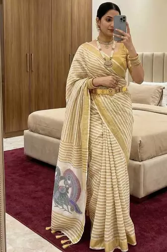 Cream Color Meenakari  & Zari  weawing Work  Linen  Cotton saree