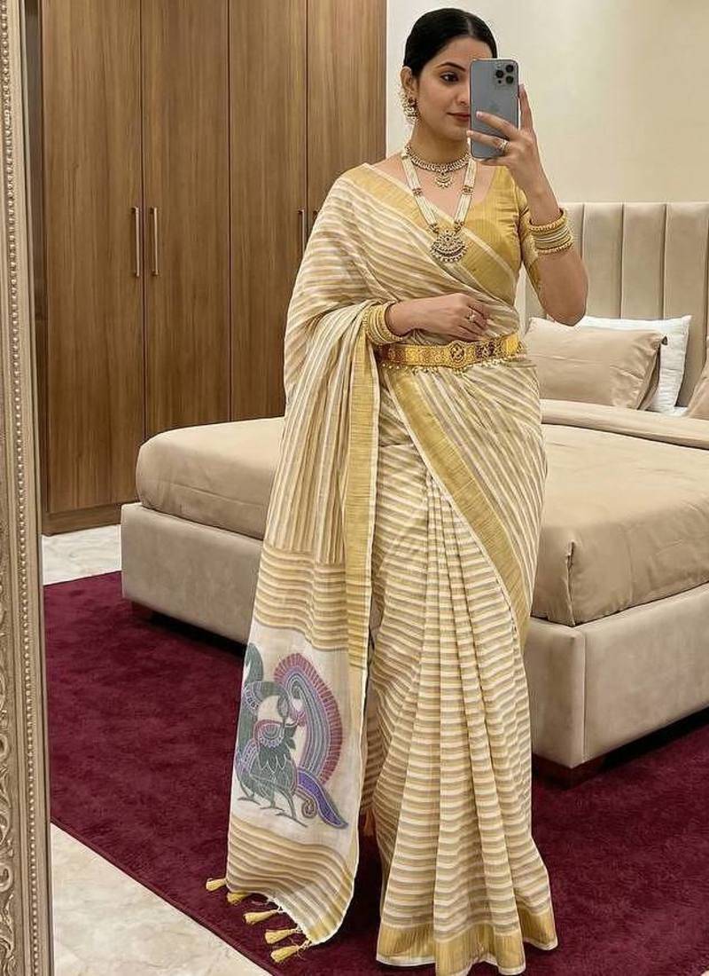 Cream Color Meenakari  & Zari  weawing Work  Linen  Cotton saree