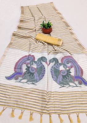 Cream Color Meenakari  & Zari  weawing Work  Linen  Cotton saree 2