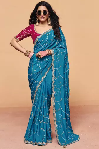 Premium satin silk saree with sequin heavy embroidery work