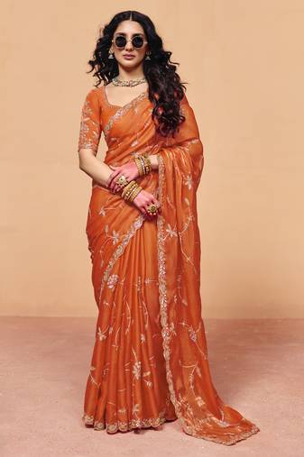 Elegant organza satin saree with sequin heavy embroidery