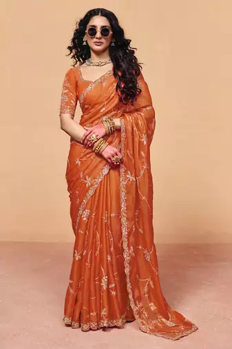 Elegant organza satin saree with sequin heavy embroidery