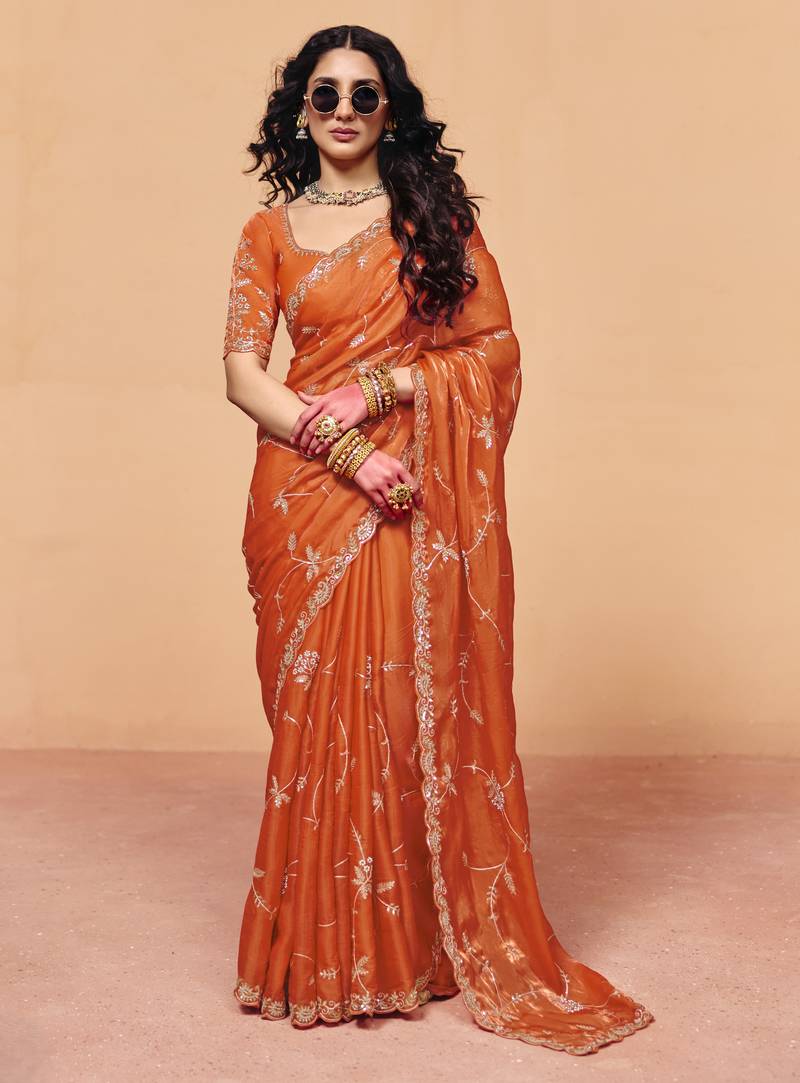  organza satin saree with sequin heavy embroidery