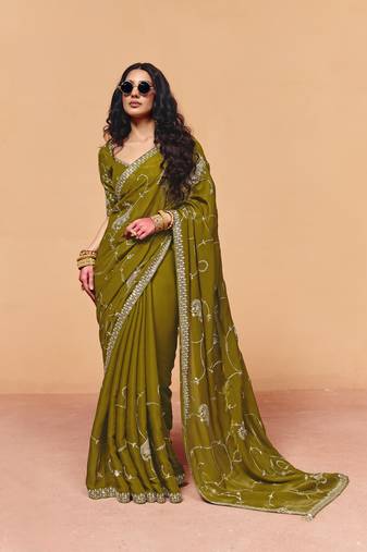 Elegant organza satin saree with sequin heavy embroidery