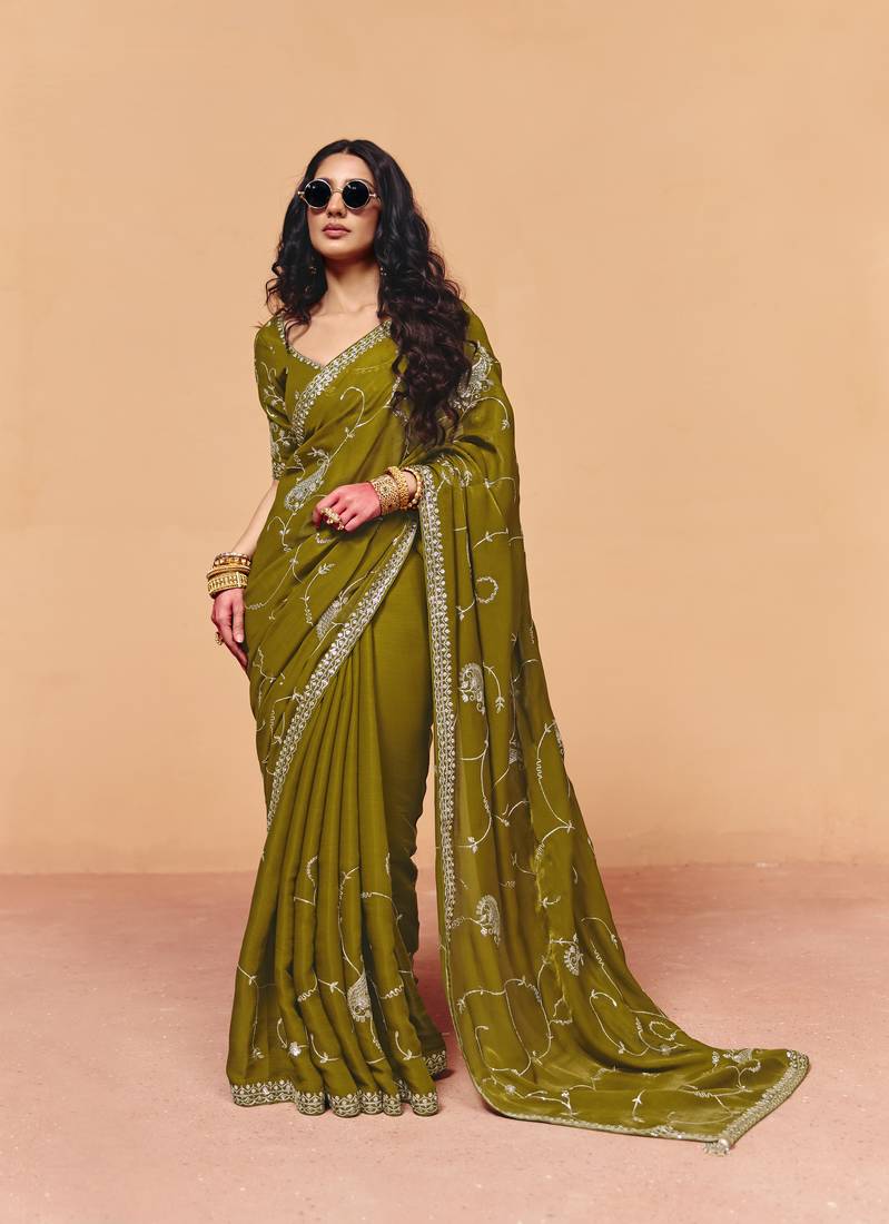  organza satin saree with sequin heavy embroidery