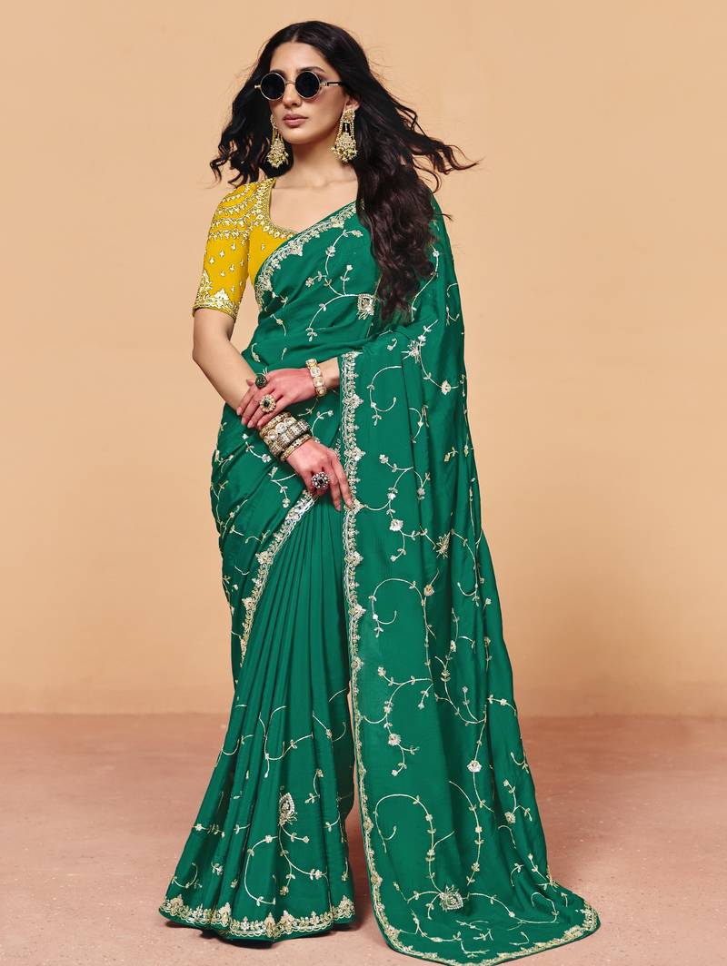  satin silk saree with sequin heavy embroidery work