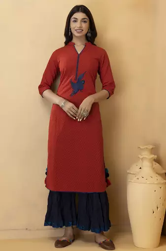 Red Thread Work Cotton Kurta