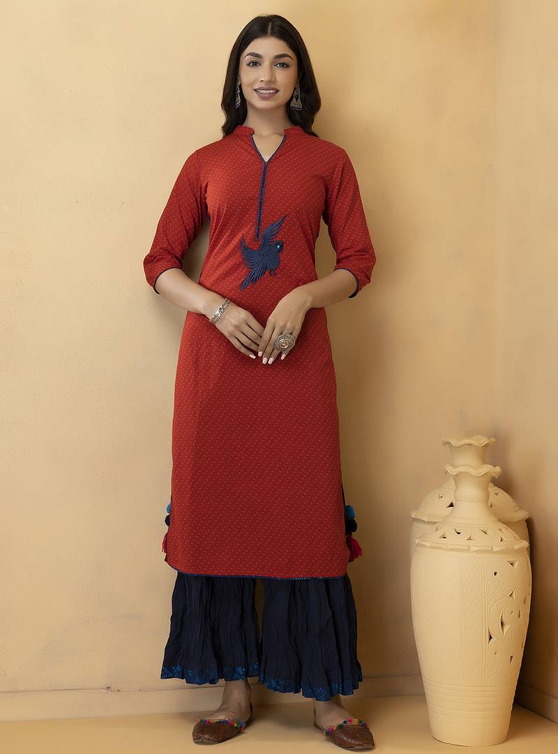 Red Thread Work Cotton Kurta