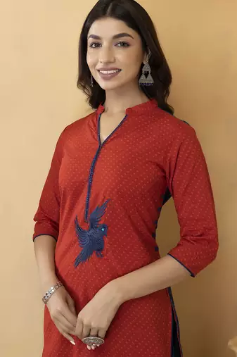 Red Thread Work Cotton Kurta