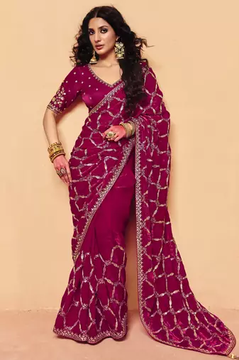 Stylish frandy fabric saree with sequin heavy embroidery