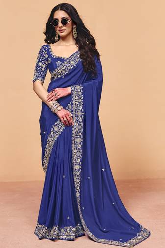 Designer satin saree with sequin heavy embroidery work