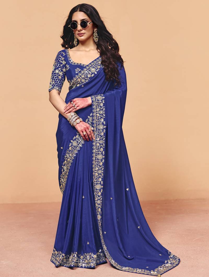Designer satin saree with sequin heavy embroidery work