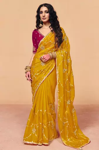 Elegant organza satin saree with sequin heavy embroidery work